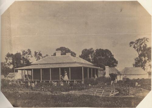 Man and woman on verandah of a house with a garden, Victoria, ca. 1866 [picture] / J. Chester Jervis