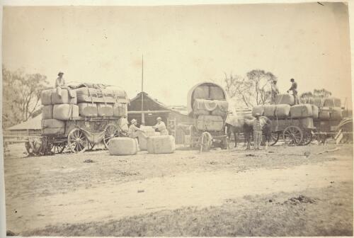 Men loading wagons with bales of wool labelled Brighton, Victoria, ca. 1866 [picture] / J. Chester Jervis