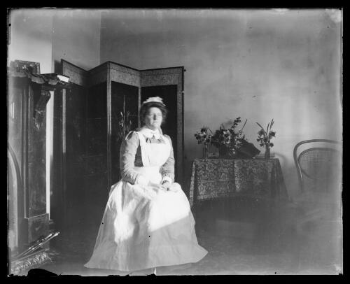 Matron Young seated inside the hospital, Gundagai, New South Wales [picture] / Charles Gabriel