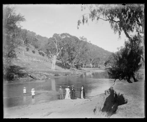 Group of people walking along the Tumut River bank, Brungle, New South Wales [picture] / Charles Gabriel