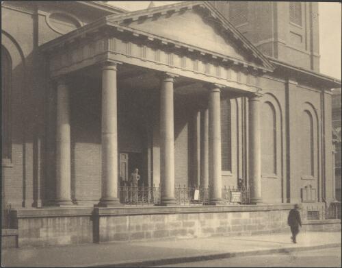St James' Church entrance, King Street, Sydney, approximately 1917 / Harold Cazneaux