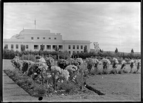 [House of Representatives garden with Parliament House in background, Canberra] [picture] / R.C. Strangman