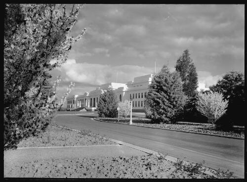 [Parliament House viewed diagonally from edge of Parkes Place and King George Terrace, Canberra, 5] [picture] / R.C. Strangman