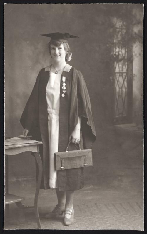 [Portrait of unidentified young woman wearing academic cap and gown, Tumut, New South Wales] [picture] / R.C. Strangman
