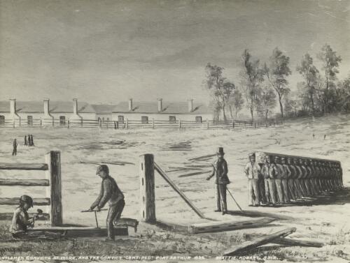 Gentlemen convicts at work and the convict 'centiped' [i.e. centipede] Port Arthur, Tasmania [picture] / J.W. Beattie