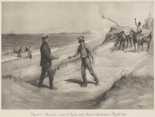 Captain Rossiter comes to Eyre's aid, Great Australian Bight, 1841 [picture] / painted by J. Macfarlane from descriptions supplied by C.R. Long, Ed. Dept. Vic