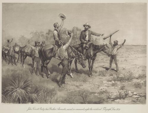 John Forrest's Party (his brother, Alexander, second in command) sight the overland Telegraph Line, 1874 [picture] / painted by J. Macfarlane from descriptions supplied by C.R. Long, Ed. Dept. Vic
