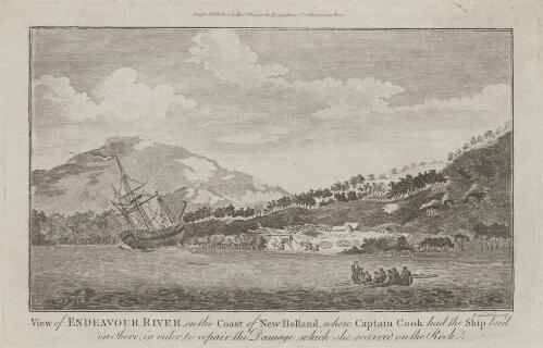 View of Endeavour River, on the coast of New Holland where Captain Cook had the ship laid on shore, in order to repair the damage which she received on the rock [picture]