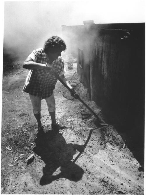 [Unidentified charcoal burner shovelling around charcoal kiln, Murray River region, January 1992] [picture] / Jeff Carter