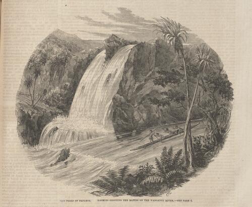 The Falls of Paparoa, Maories shooting the rapids on the Wanganui River, 1862 [picture] / Clarke ; S.C