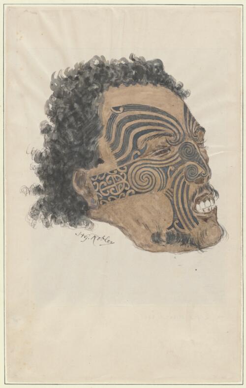 Tattooed Maori face, New Zealand, 3 [picture] / H.G. Robley