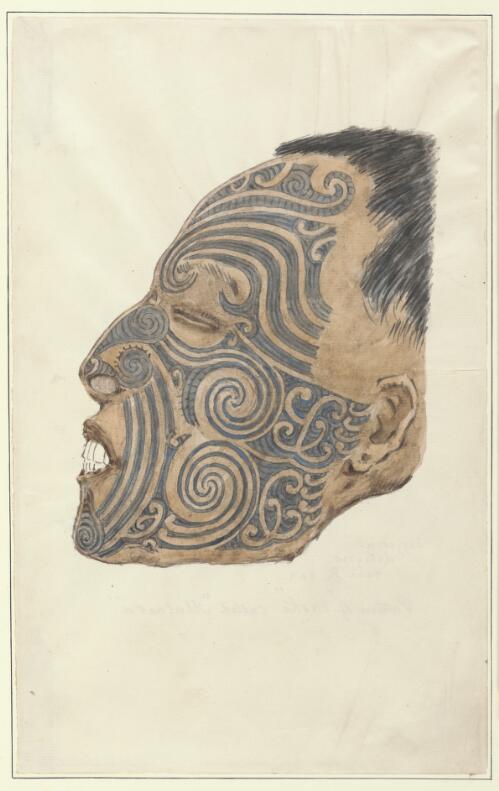 Tattooed Maori face, New Zealand, 12 [picture] / Major General H.G. Robley