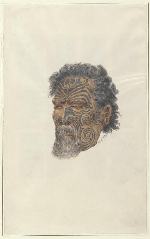 Tattooed Maori face, New Zealand, 13 [picture] / H.G. Robley