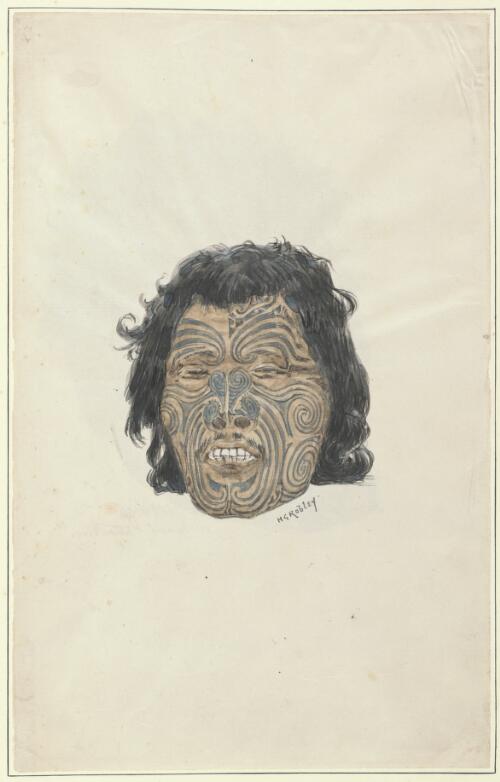 Tattooed Maori face, New Zealand, 15 [picture] / H.G. Robley