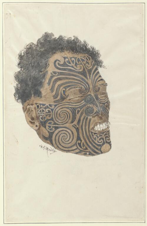 Tattooed Maori face, New Zealand, 16 [picture] / H.G. Robley