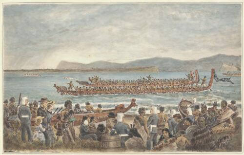 Maori war canoes racing at Tauranga, 29th December 1865 [picture] / H.G. Robley