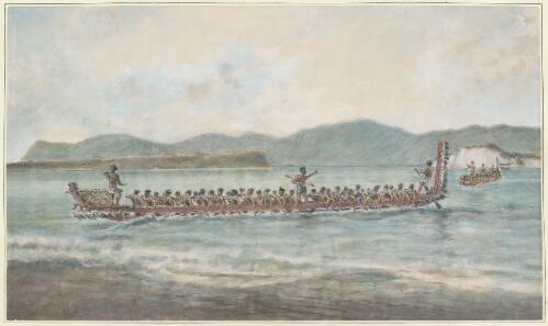 Maori war canoes coming across harbour for entertainment at the Military camp, New Zealand, Christmas, 1865 [picture] / H.G. Robley