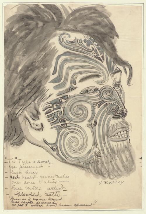 Tattooed Maori face, New Zealand, 18 [picture] / H.G. Robley