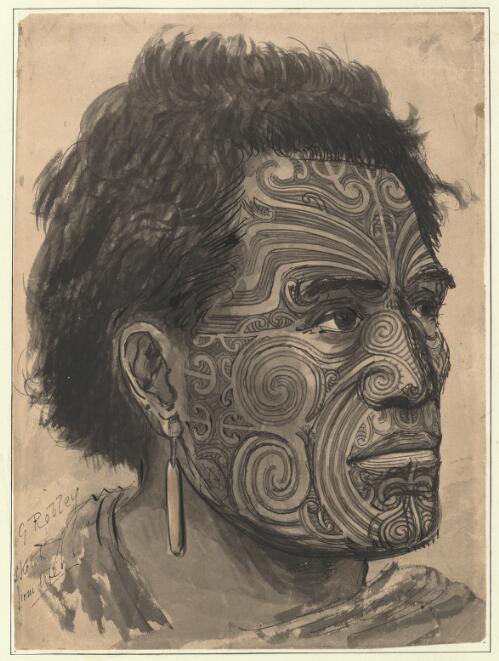 Portrait of a Maori with a full moko, New Zealand [picture] / H.G. Robley