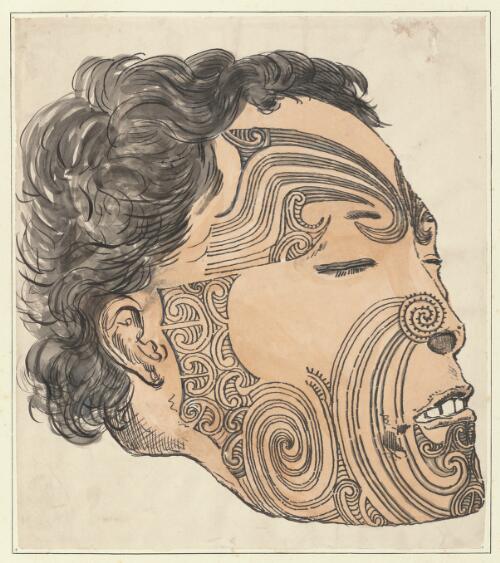 Tattooed Maori face, New Zealand, 19 [picture] / H.G. Robley