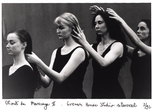 Rehearsal for "Chants de mariage II", Gorman House Studio, (from left) Michelle Ryan, Tuula Roppola, Rochelle Carmichael and Sarah Chifley, March 1992 [picture] / Regis Lansac