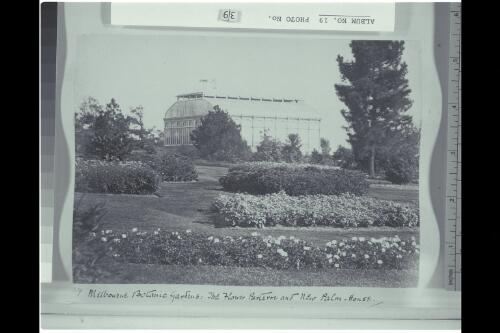Melbourne Botanic Gardens, the flower parterre and new palm house, Victoria ca. 1880 [picture]