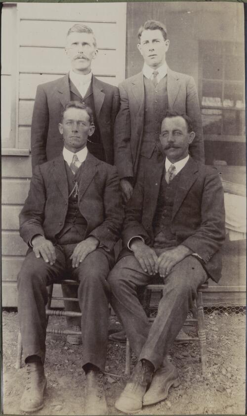 Portrait of four young bushmen, Dubbo Region, New South Wales, ca. 1916 [picture] / E.C. Kempe