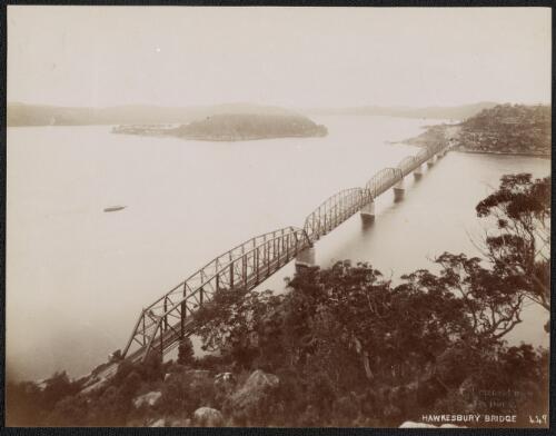 View overlooking the Hawkesbury Bridge, Hawkesbury River, New South Wales, ca. 1885 [picture] / Charles Bayliss