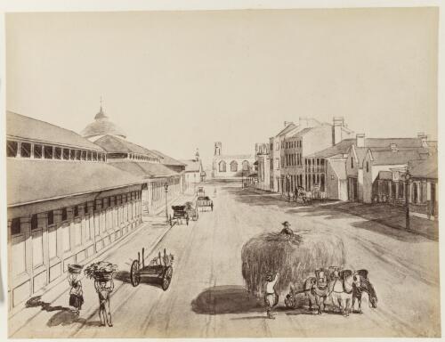 A hay cart in York Street looking south, Sydney, 1842 [picture] / John Rae