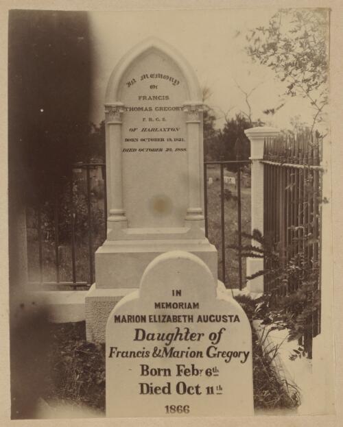 Headstones belonging to Francis Thomas Gregory and his infant daughter, Drayton and Toowoomba Cemetery, Queensland, ca. 1890 [picture]