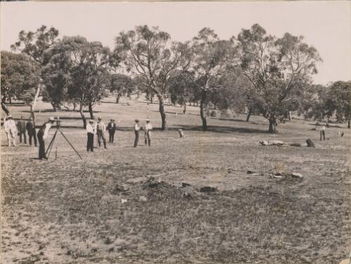 George Fuller taking the first sight in the preliminary contour survey, Camp Hill, Canberra, Australian Capital Territory, 1909 [picture]