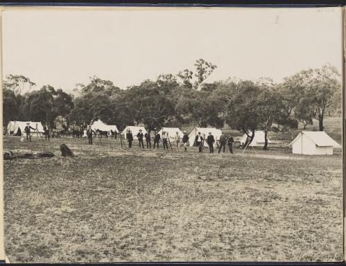 Surveyors at the Federal Capital site survey camp, Camp Hill, Canberra, Australian Capital Territory, ca. 1909 [picture] / Lands and Surveys Branch