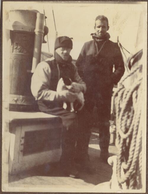 [Dr James Murray, seated, with Sir Philip Brocklehurst, subscriber to and member of the expedition onboard Nimrod, 1907-1909] [picture]
