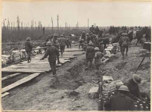 Soldiers laying wooden duckboards in the Bellewaerde? area, Ypres Salient, Belgium, October 1917
