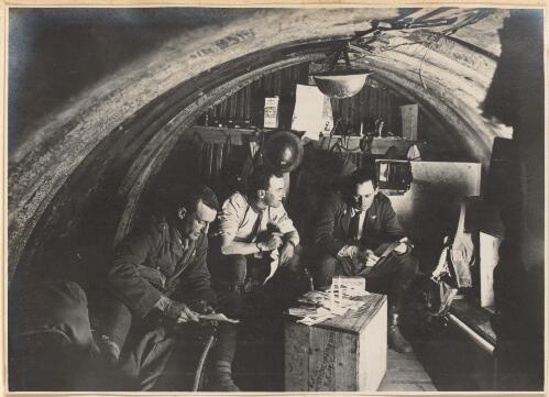Major H. Morrris and Lieutenant Blake in 105th Battery headquarters dugout, Ypres, Belgium, August 1917