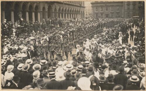 Australian troops marching in Martin Place, Sydney, 1914