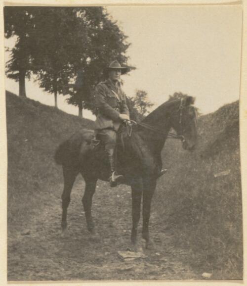 Lieutenant Paul de Leprevanche 6th Battery, Australian Field Artillery, on horseback, France?, approximately 1917
