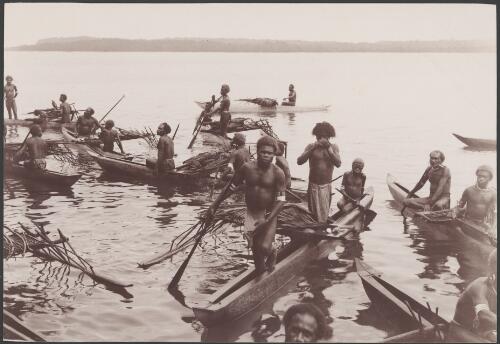 Solomon Islanders in canoes alongside the Southern Cross for trade at Santa Cruz, Santa Cruz Islands, 1906, 1 / J.W. Beattie