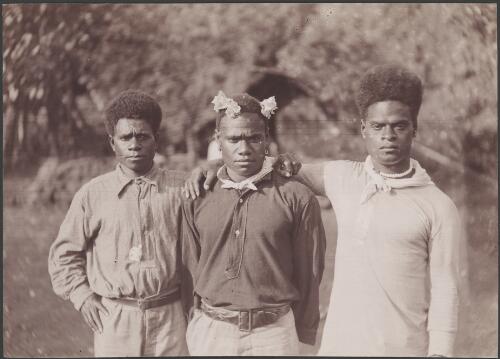 Luke Masuraa, Deacon of Malaita, with Ben Taraura and Martin Marau, Solomon Islands, 1906 / J.W. Beattie