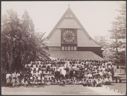 Community and staff of St. Barnabas' mission at the Patteson Memorial Chapel, Norfolk Island, 1906 / J.W. Beattie