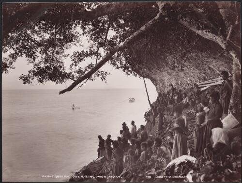 Mota people gathered on the landing rock, Banks Islands, 1906 / J.W. Beattie