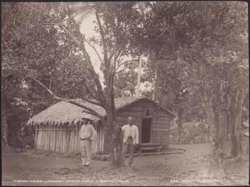 Bishop Wilson and another man at the mission house at Lakona, Santa Maria, Banks Islands, 1906 / J.W. Beattie