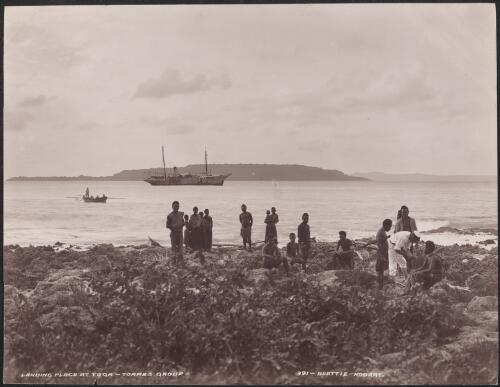People at the landing place of Toga and the Southern Cross in background, Torres Islands, 1906 / J.W. Beattie