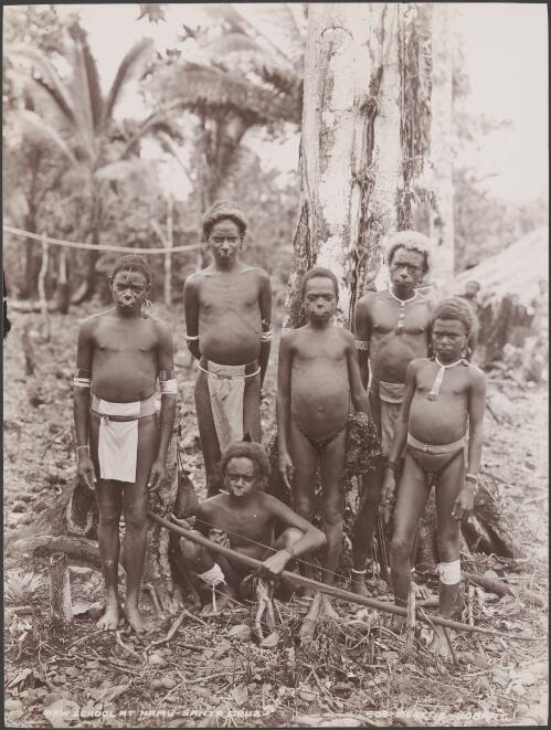Six young men at the new school in Namu, Santa Cruz Islands, 1906 / J.W. Beattie