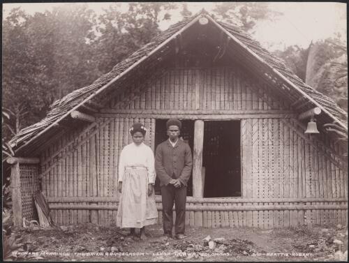 Bride and bridegroom dressed for their marriage ceremony, Lenga, Ulawa, Solomon Islands, 1906 / J.W. Beattie
