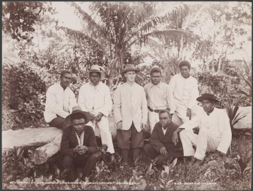 Reverend Bollen and seven local teachers of Maravovo, Solomon Islands, 1906 / J.W. Beattie