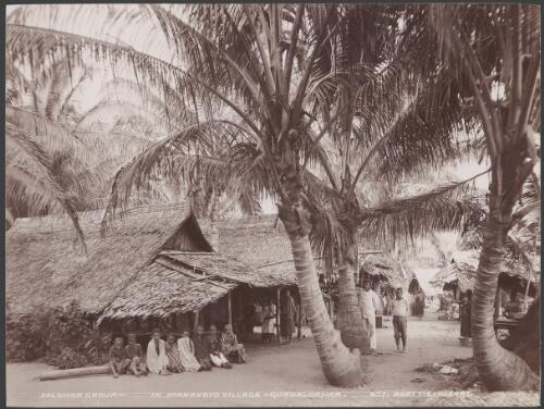 People and buildings of Maravovo village, Guadalcanar, Solomon Islands, 1906 / J.W. Beattie