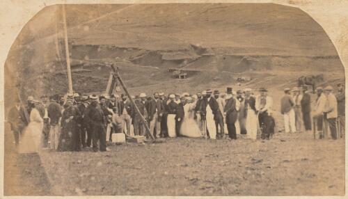 Crowd including Melanesians and Pitcairn Islanders gathered for the laying of the foundation stone for St. Barnabas Chapel, Norfolk Island, 22 November 1875