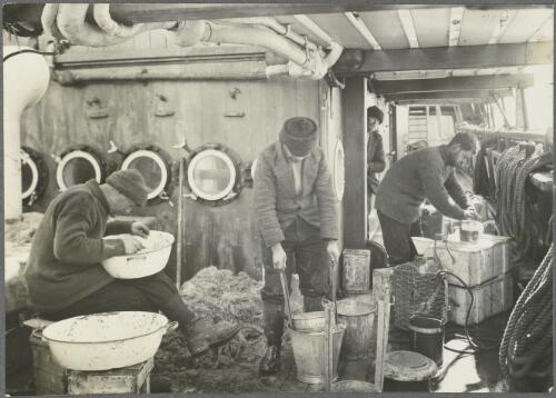 Scientists aboard the Discovery sorting and preserving a haul dredged from the Antarctic sea floor, ca. 1930 [picture] / Frank Hurley