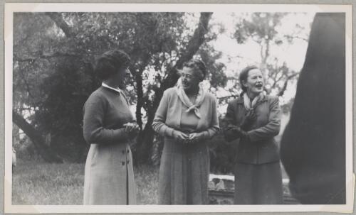 Brownie Wright, Eileen Hardy and Nancy Walton (from left) standing in a park for Australian Women Pilots' Association annual meeting, Adelaide, 1953 [picture]
